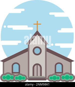 Katholische Kirchensymbol. Kathedrale mit blauem Himmel und rundem Hintergrund. Stadtarchitektur. Stock Vektor