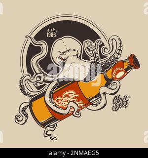 Konzept für Craft-Bier, ein Oktopus, der um eine Flasche gewickelt ist. Vektor-Clipart Stock Vektor