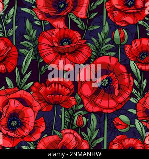 Scharlachrote Mohnblumen, nahtloses Vektormuster Stock Vektor
