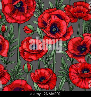 Scharlachrote Mohnblumen, nahtloses Vektormuster Stock Vektor