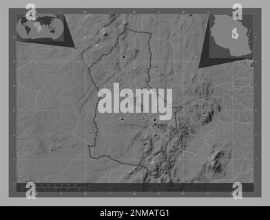 Dodoma, Region Tansania. Bilevel-Höhenkarte mit Seen und Flüssen. Standorte der wichtigsten Städte der Region. Eckkarten für zusätzliche Standorte Stockfoto