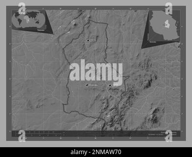 Dodoma, Region Tansania. Bilevel-Höhenkarte mit Seen und Flüssen. Standorte und Namen der wichtigsten Städte der Region. Lage der Zusatzgeräte an der Ecke Stockfoto