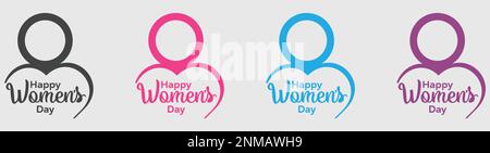 Vier Typen abstraktes „Happy Women's Day“-Logo, „Happy Women's Day“-Logo, „Love Vector“-Design, Rosa Farbe, Rot, Schwarz, Himmelsfarbe Logo-Design Stock Vektor