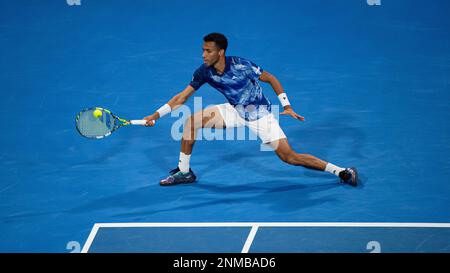 Daniil Medvedev gegen Felix Auger Aliassime aus Kanada während des Halbfinalspiels des ATP 250 ExxonMobil Open Tennis Tournament 2023 im Khalifa International Tennis Complex am 24. Februar 2023 in Doha, Katar. Foto: Victor Fraile / Power Sport Images Credit: Power Sport Images Ltd/Alamy Live News Stockfoto