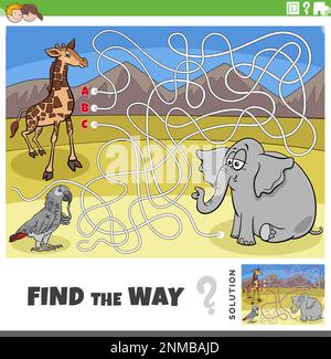 Cartoon-Illustration des Finde-the-Way-Labyrinth-Puzzle-Spiels mit Giraffen und Elefantentieren Stock Vektor