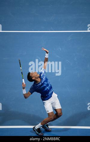 Daniil Medvedev gegen Felix Auger Aliassime aus Kanada während des Halbfinalspiels des ATP 250 ExxonMobil Open Tennis Tournament 2023 im Khalifa International Tennis Complex am 24. Februar 2023 in Doha, Katar. Foto: Victor Fraile / Power Sport Images Credit: Power Sport Images Ltd/Alamy Live News Stockfoto