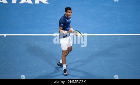 Daniil Medvedev gegen Felix Auger Aliassime aus Kanada während des Halbfinalspiels des ATP 250 ExxonMobil Open Tennis Tournament 2023 im Khalifa International Tennis Complex am 24. Februar 2023 in Doha, Katar. Foto: Victor Fraile / Power Sport Images Credit: Power Sport Images Ltd/Alamy Live News Stockfoto