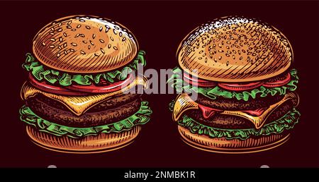 Burger und Cheeseburger für Fast-Food-Restaurantmenü. Farbenfrohe Vektordarstellung Stock Vektor
