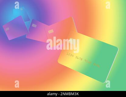 Fünf schwebende Kreditkarten sind wie ein Regenbogenspektrum gefärbt. Verschiedene Farben auf einem Hintergrund und abgestuften Farbspektrum. Stockfoto