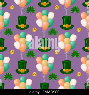 Feiern Sie St. Patrick's Day mit Stil mit unserem nahtlosen Muster mit Leprechaun-Hut, Kleeblättern, Goldmünzen und Ballons auf einem lila Backgro Stock Vektor