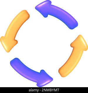 3D Symbol Vektor gelb und violett vier Pfeile mit rundem Zyklus. Netzkonzept für das Neuladen von Dateien oder Informationen. Round Reboot Refresh grafisches Navigationssystem Stock Vektor