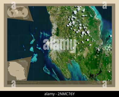 Sansibar West, Region Tansania. Hochauflösende Satellitenkarte. Standorte und Namen der wichtigsten Städte der Region. Eckkarten für zusätzliche Standorte Stockfoto