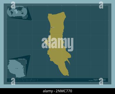 Sansibar West, Region Tansania. Durchgehende Farbform. Standorte und Namen der wichtigsten Städte der Region. Eckkarten für zusätzliche Standorte Stockfoto