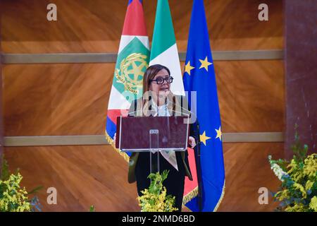 Rom, Italien. 24. Februar 2023. Antonella Polimeni, Rektor der Universität La Sapienza in Rom, spricht auf der Zeremonie zum 35. Jahr der Verleihung des Maria-Bellissario-Preises. Die Auszeichnung wird jährlich an Frauen vergeben, die sich in Beruf, Management, Wissenschaft, Wirtschaft, italienischem und internationalem Gesellschaftsleben bewährt haben. Kredit: SOPA Images Limited/Alamy Live News Stockfoto