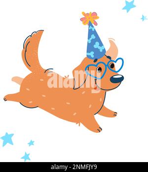 Der lustige labrador rennt. Süßes Hündchen mit weihnachtlicher Mütze und Brille in Form von Herzen. Retriever im Cartoon-Stil. Vektordarstellung über Hündchen auf einer Party, isoliert auf Weiß. Stock Vektor