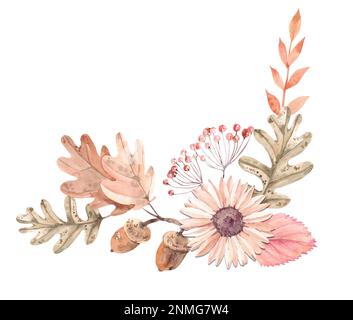 Herbstkomposition in Aquarell mit Blättern und Blumen für das Design Ihrer Produkte Stockfoto