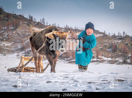 Der Junge hilft Großeltern im Winter. Bulgarische Provinz, Mongolei Stockfoto