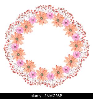 Aquarelle Rahmen aus orangefarbenen Blumen und Zweigen. Herbstfarben mit Blumen, Blättern und Kürbissen auf weißem Hintergrund für Ihre Produktbeschreibung Stockfoto