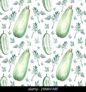 Aquarellmuster mit grüner Gemüsegurke, Zucchini-Petersilie auf weißem Hintergrund. Stockfoto