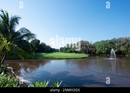 Eine Gruppe pensionierter Freunde spielt während eines Urlaubs in Mexiko eine Runde Golf mit einem letzten Schlag auf dem Grün vor einem tropischen See Stockfoto