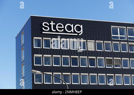 Sitz der STEAG GmbH, Logo auf dem Gebäude, Energieerzeuger, Kraftwerksbetreiber, Essen, Ruhrgebiet, Nordrhein-Westfalen, Deutschland Stockfoto