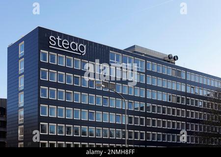 Sitz der STEAG GmbH, Logo auf dem Gebäude, Energieerzeuger, Kraftwerksbetreiber, Essen, Ruhrgebiet, Nordrhein-Westfalen, Deutschland Stockfoto