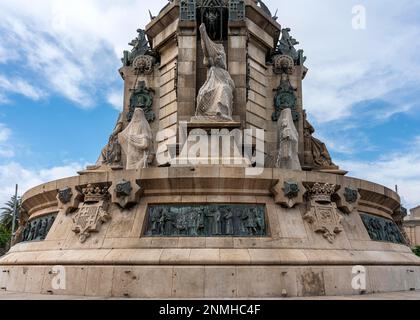 Detailfoto, Mirador de Colom, Sockel am Kolumbus-Denkmal, Barcelona, Katalonien, Spanien Stockfoto