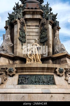 Detailfoto, Mirador de Colom, Sockel am Kolumbus-Denkmal, Barcelona, Katalonien, Spanien Stockfoto