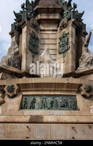 Detailfoto, Mirador de Colom, Sockel am Kolumbus-Denkmal, Barcelona, Katalonien, Spanien Stockfoto