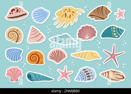 Muschel-Sammelalbum-Aufkleber für Tagebuch-Zeichentrickset. Meeresspiralschnecke, Meeresrauschschschnecke, Seesterne-Sammlung. Tropische Strandmuscheln flaches Design Label Stock Vektor
