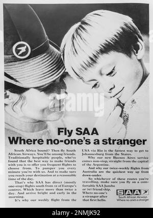 SAA South African Airways Werbung in einem Magazin in NatGeo, Oktober 1974 Stockfoto