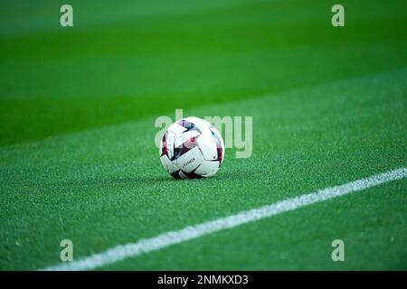 Das Lupationsbild zeigt, wie die offizielle Ligue 1 Uber während des öffentlichen Trainings der Pariser Fußballmannschaft Saint-Germain (PSG) am 24. Februar 2023 im Parc des Princes Stadion in Paris, Frankreich, KIPSTA-Ball isst. Foto: Victor Joly/ABACAPRESS.COM Stockfoto