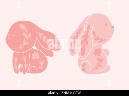Vektorset niedlicher dekorierter Kaninchen. Kollektion mit rosa Cartoon-Hasen mit Blumenmuster. Volkskunst-Häschen. Künstlerische Tiere für das Kinderzimmer Stock Vektor