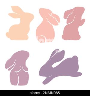 Vektorset sanfter Silhouetten von Kaninchen in verschiedenen Posen. Hasen in empfindlichen, vom Hintergrund isolierten Farben. Klammern Sie künstlerische Häschen für Logos, Stock Vektor