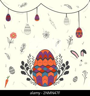 Handgezeichneter osterhintergrund mit osterei und Blumen Stock Vektor