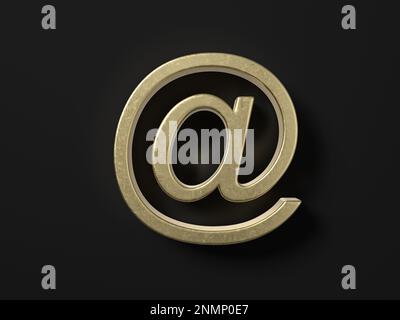 Gold e-Mail Symbol auf schwarzem Hintergrund. 3D-Darstellung. Stockfoto