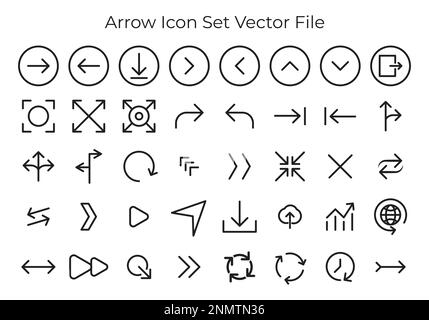 Pfeil-Symbol-Vektor mit Schwarz-Weiß-Farbe, Linkspfeil, Rechtspfeil, Aufwärtspfeil, Abwärtspfeil, Gekrümmt Stock Vektor