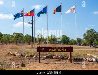 Willkommen im Barunga-Schild, einer Aborigine-Gemeinde im oberen Ende, Northern Territory, NT, Australien Stockfoto