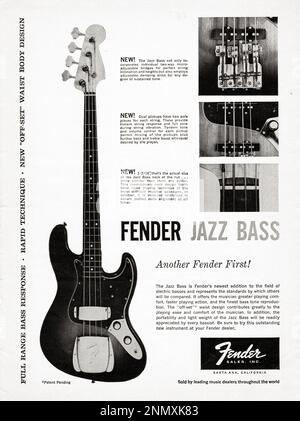 Ein Werbespot für den Fender Jazz Bass aus einem Magazin aus dem Jahr 1961. Sie lobt die neuen Innovationen der Instrumente. Stockfoto