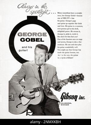 Ein Werbespot für Gibson-Gitarren mit einer Empfehlung des frühen Fernsehstars George Gobel. Aus einer Musikzeitschrift aus dem Jahr 1961. Stockfoto