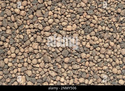 Abstrakter natürlicher Hintergrund aus runden braunen gestreckten Tonsteinen. Stockfoto