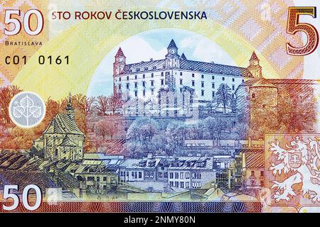 Blick auf Bratislava und Schloss von tschechoslowakischem Geld Stockfoto