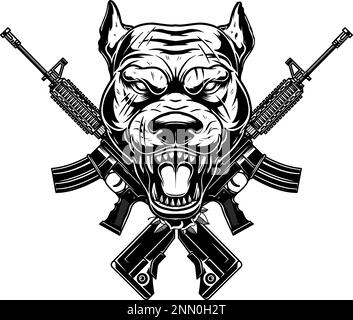 Wütender Hundekopf mit gekreuzten Sturmgewehren. Designelement für Poster, Emblem, Schild. Vektordarstellung Stock Vektor