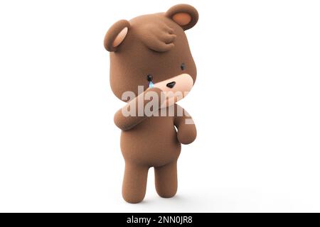 Trauriger und weinender Teddybär. Teddybär mit Tränenfluss isoliert auf weißem Hintergrund 3D-Rendering. Stockfoto