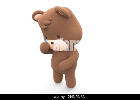 Trauriger und weinender Teddybär. Teddybär mit Tränenfluss isoliert auf weißem Hintergrund 3D-Rendering. Stockfoto