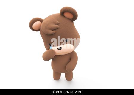 Trauriger und weinender Teddybär. Teddybär mit Tränenfluss isoliert auf weißem Hintergrund 3D-Rendering. Stockfoto