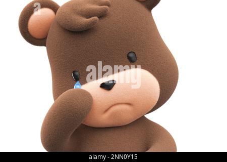 Trauriger und weinender Teddybär. Teddybär mit Tränenfluss isoliert auf weißem Hintergrund 3D-Rendering. Stockfoto