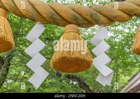 Ein heiliges Seil oder Shimenawa und Zickzack-Streuner oder shide am shinto-Schrein, Kanazawa, Japan. Stockfoto