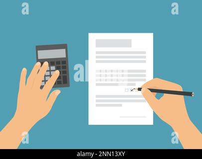 Die Hände mit einem Bleistift oder Stift füllen das Formular für die Steuererklärung aus – Vektor auf grünem Hintergrund Stock Vektor