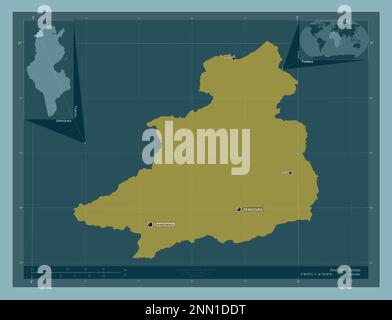 Jendouba, Gouverneur Tunesiens. Durchgehende Farbform. Standorte und Namen der wichtigsten Städte der Region. Eckkarten für zusätzliche Standorte Stockfoto